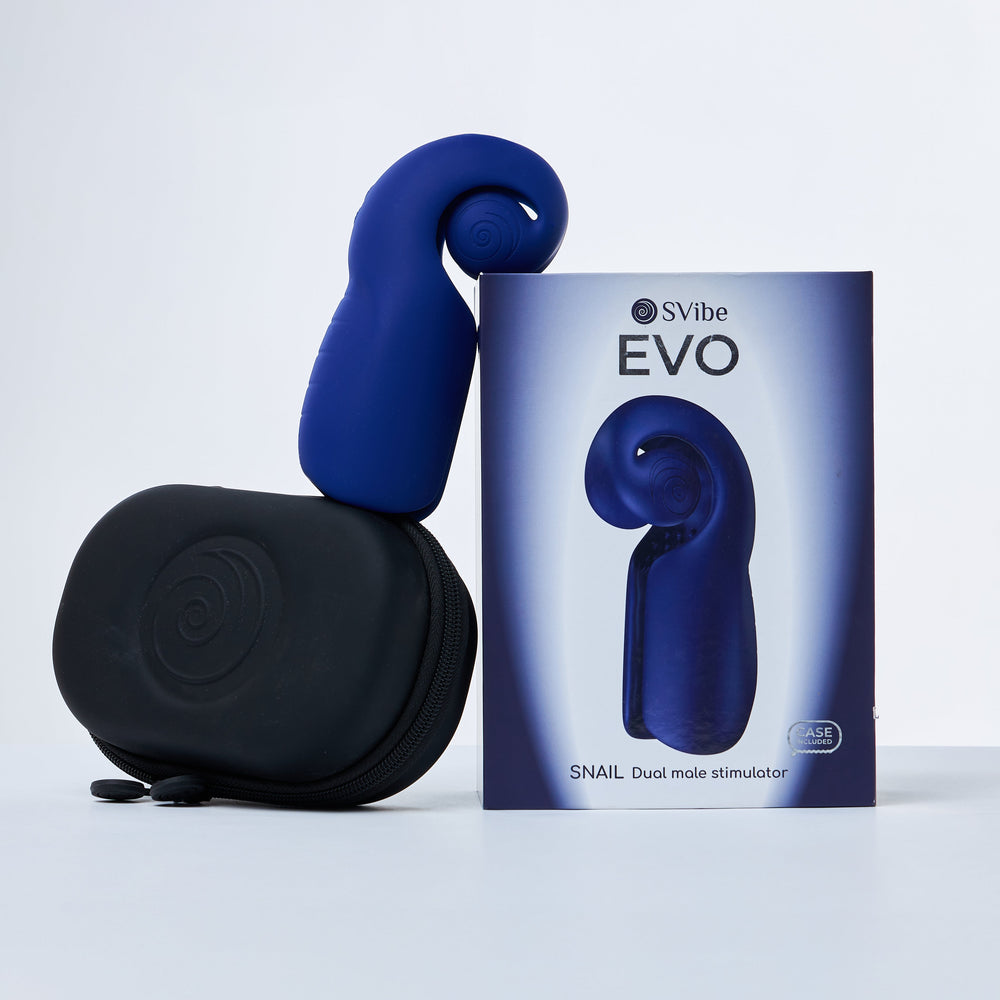 SVibe Evo azul junto a su caja y estuche, fotografía oficial